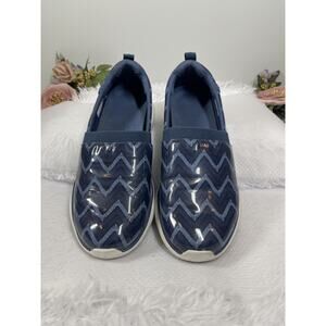 Vionic Fiona Sneakers Women's 12 Patent Blue Chevron Slip On Athleisure Preppy
